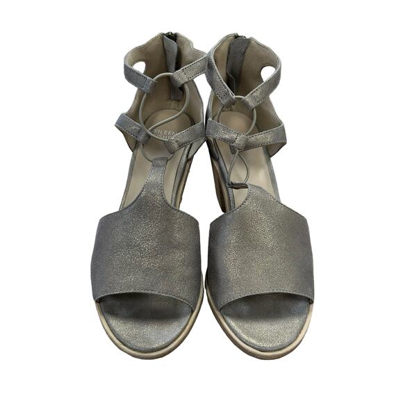Eileen Fisher Lou Platinum Metallic Suede Open Toe Block Heel Sandal Size 9.5 - Picture 3 of 7
